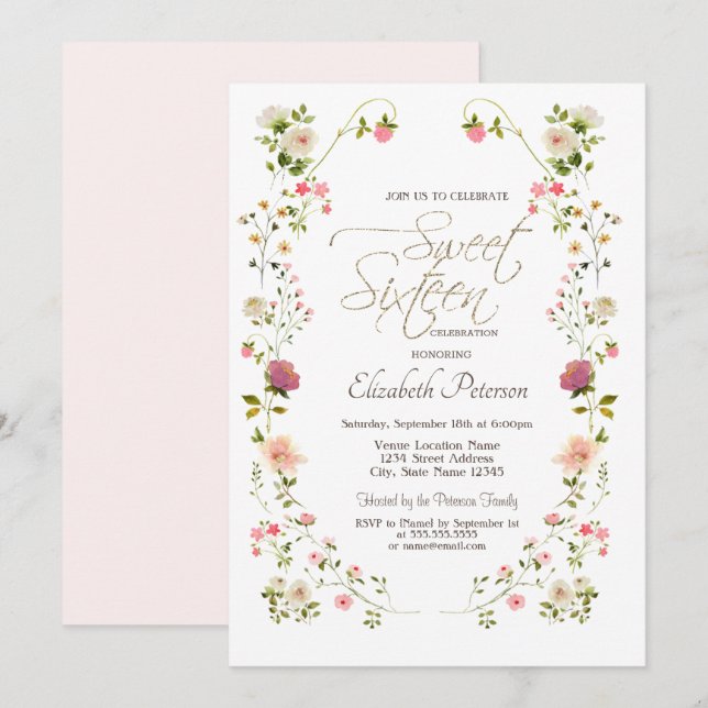 Invitación Flores Silvestres Elegantes Cumpleaños 16 (Anverso / Reverso)