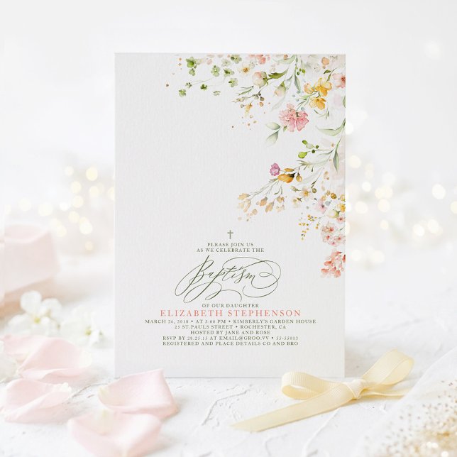 Invitación Flores silvestres elegantes de pradera de verano B (Watercolor Wildflowers Elegant Baptism Invitations for Girl)