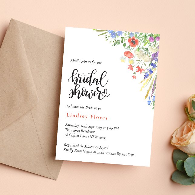 Invitación Flores Silvestres Elegantes de Pradera de Verano p (Elegant summer meadow wildflowers invitation creates a bright, romantic bridal shower tone)