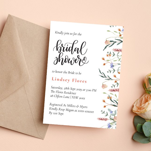 Invitación Flores Silvestres Elegantes de Pradera de Verano p (Elegant summer meadow wildflowers invitation creates a bright, romantic bridal shower tone)