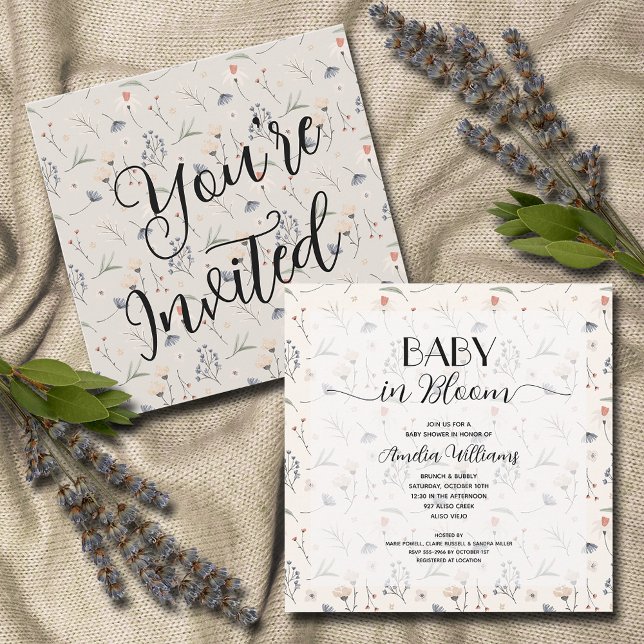 Invitación Flores silvestres en Baby Shower marfileña (Wildflowers on Ivory Baby Shower Invitations, INSTANT DOWNLOAD and/or PRINTED)