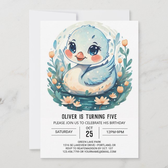 Invitación Flores silvestres encantadas Ave cisne Cumpleaños (Anverso)