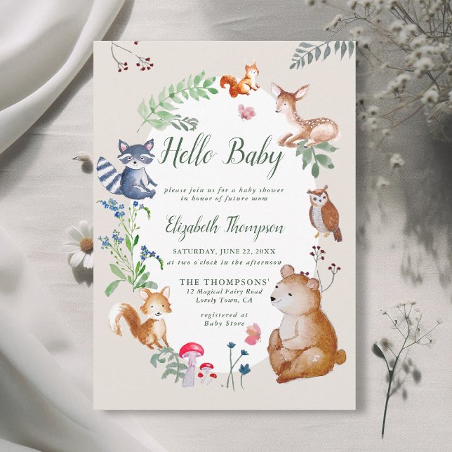 Invitación Flores silvestres encantadas Baby Shower (woodland baby shower invitation enchanted woods forest bear fox deer wildflowers magic blue green)