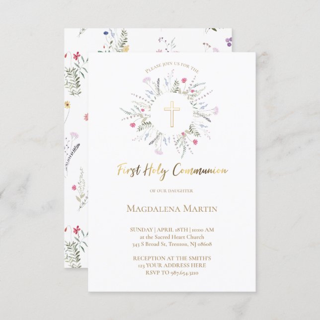 Invitación flores silvestres enmarcan la primera comunión sag (Anverso / Reverso)