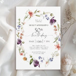 Invitación Flores silvestres Feminine Floral 50 cumpleaños<br><div class="desc">Celebre un cumpleaños número 50 con un bonito estilo femenino con esta moderna invitación de cumpleaños floral. Una hermosa acuarela pintada de flores mezcladas con flores silvestres en tonos rosa, violeta, melocotón, azul y blanco con vegetación dispersa hacen que esta invitación resulte pop con estilo. Personalice la plantilla de texto...</div>
