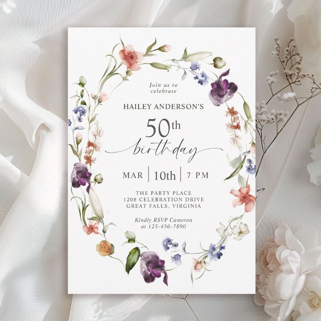 Invitación Flores silvestres Feminine Floral 50 cumpleaños (Available in both printed and instant download digital formats.)