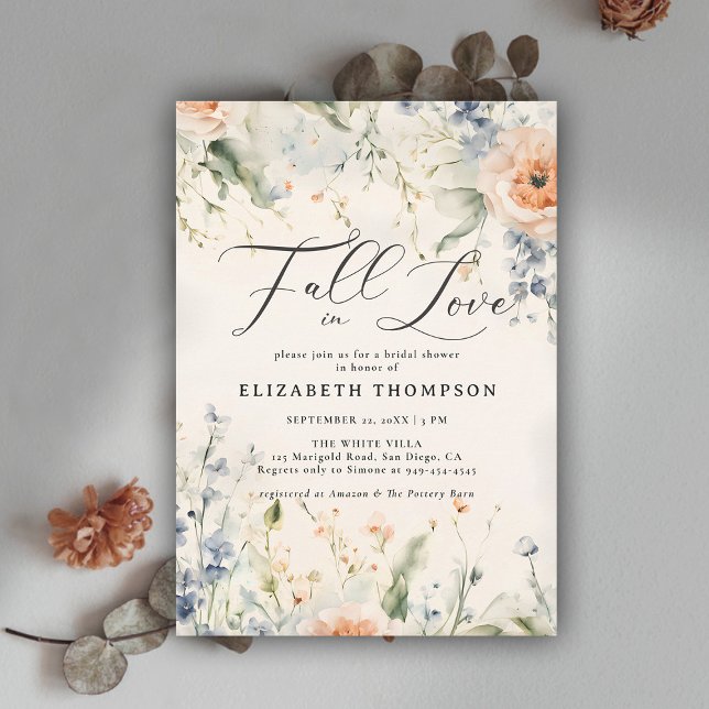 Invitación Flores silvestres Fête Romantic Fall Love Briower (fall in love bridal shower invitation wildflowers terracotta watercolor elegant modern feminine chic)