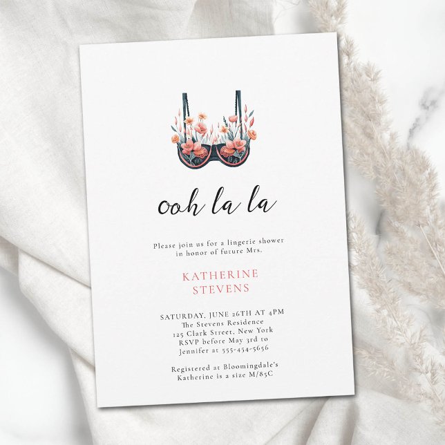 Invitación Flores silvestres Fiesta de lencería Ooh La Bridal (lingerie shower wildflowers black bra watercolor bridal party invite modern elegant classy feminine )