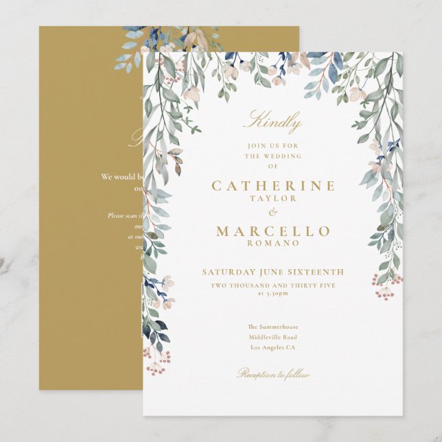 Invitación Flores silvestres Floral Código QR Boda de oro (Anverso / Reverso)