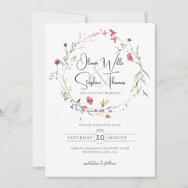 Invitación Flores Silvestres Floral Púrpura Botánico Guardar  (Anverso)