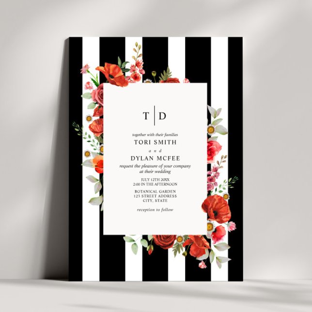 Invitación Flores silvestres Floral Rojo Floral Black Stripe  (Subido por el creador)
