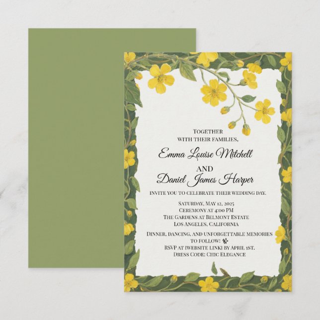 Invitación Flores silvestres florales amarillo verde elegante (Anverso / Reverso)