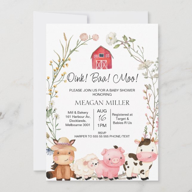 Invitación Flores silvestres florales Wreath Farm Animals Bab (Anverso)