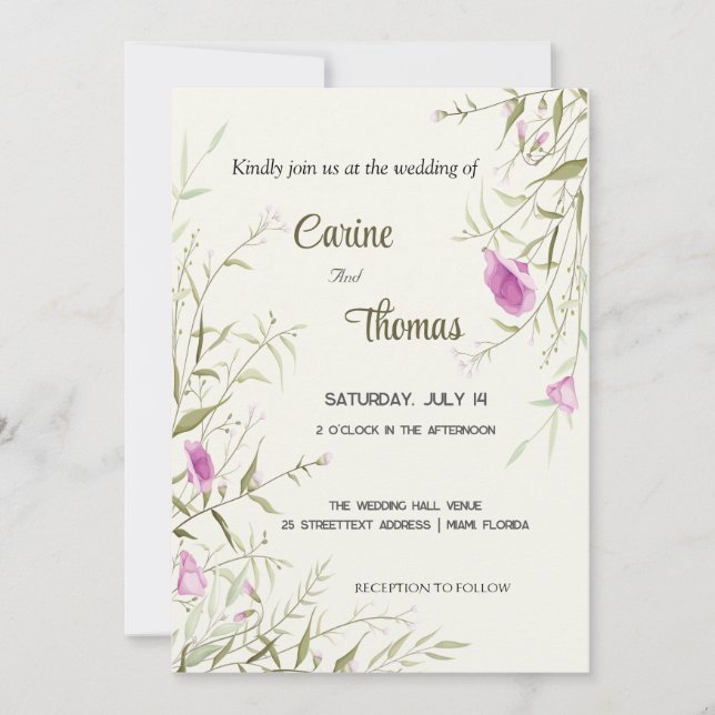 Invitación Flores silvestres, flores hermosas, boda dibujado  (Anverso)