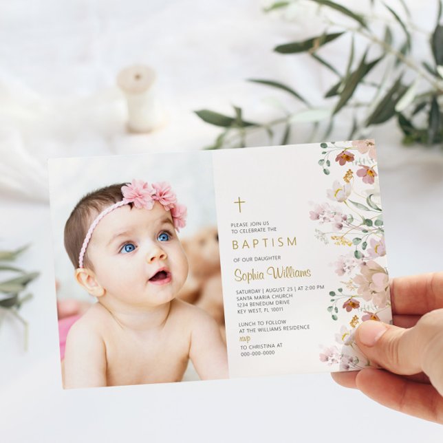 Invitación Flores silvestres foto Chica bautismo | Flor rosa  (Subido por el creador)