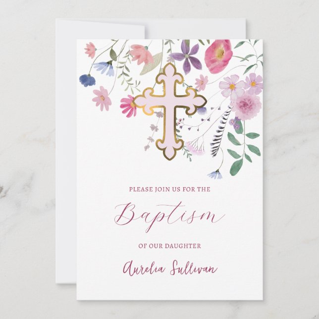 Invitación Flores silvestres frescas Bautismo (Anverso)