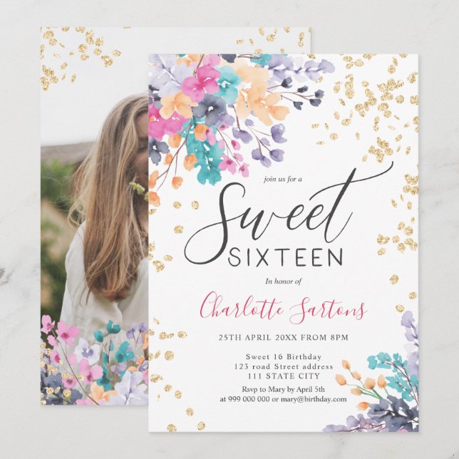 Invitación Flores silvestres girasol escritura de oro floral  (Anverso / Reverso)