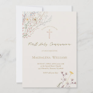 Invitación flores silvestres gris beige fondo Primera Comunió