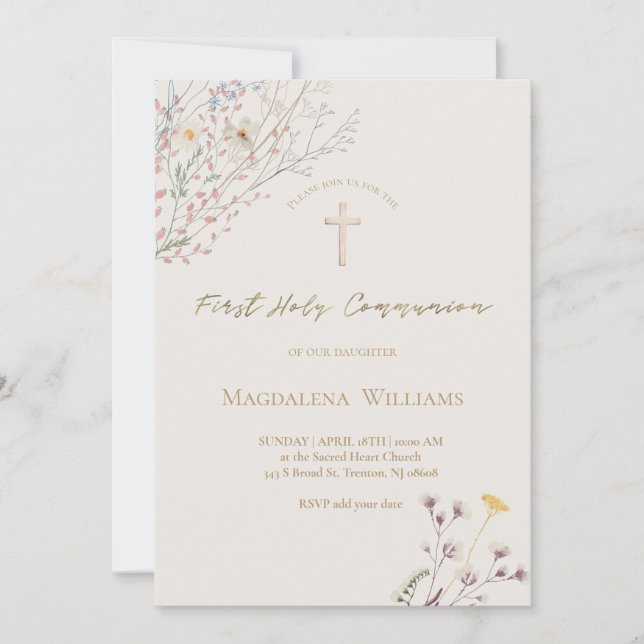 Invitación flores silvestres gris beige fondo Primera Comunió (Anverso)