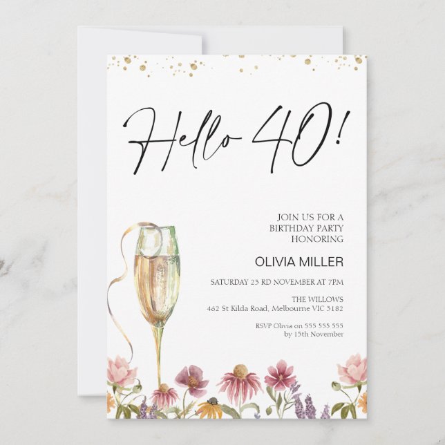Invitación Flores silvestres Hola 40 cumpleaños (Anverso)