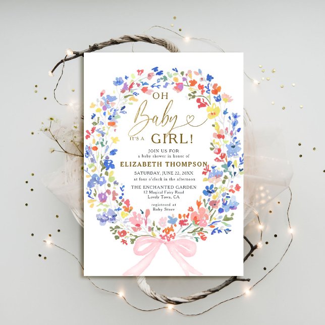 Invitación Flores silvestres Jardín Bow Rosa Oh Niña Ducha (wildflowers pink bow baby girl shower invitation garden backyard rustic barn meadow spring summer)