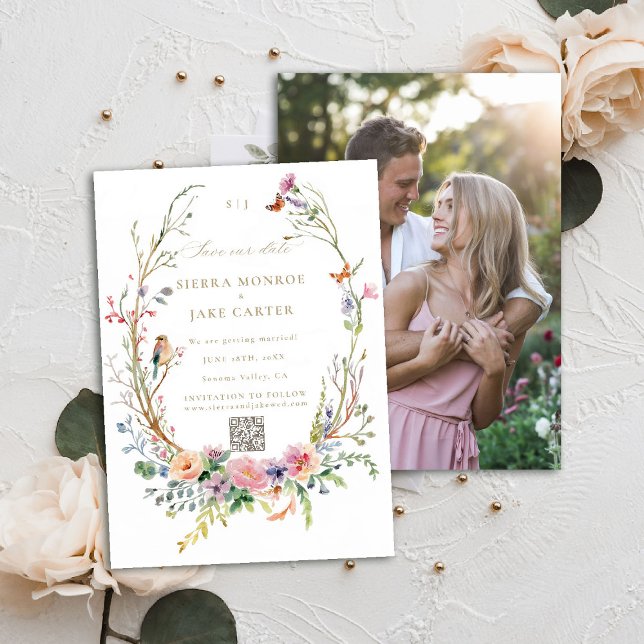 Invitación Flores silvestres Jardín Código QR Foto Boda Guard (garden wedding save the date photo QR code wildflowers enchanted woodland forest butterflies bird)