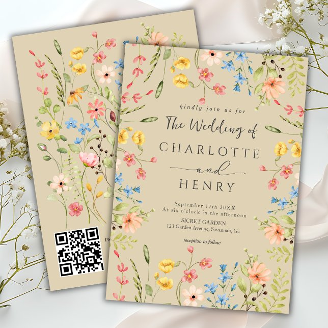 Invitación Flores silvestres Jardín moderno Beige Boda de cód (Subido por el creador)