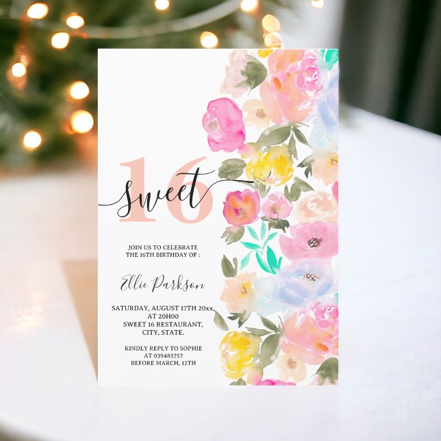 Invitación Flores silvestres jardín pradera rosa pastel Sweet (Wild flowers pastel pink meadow garden Sweet 16 Invitation)