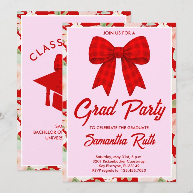 Invitación Flores Silvestres Lazo de Gingham Rojo Fiesta de G (Anverso / Reverso)
