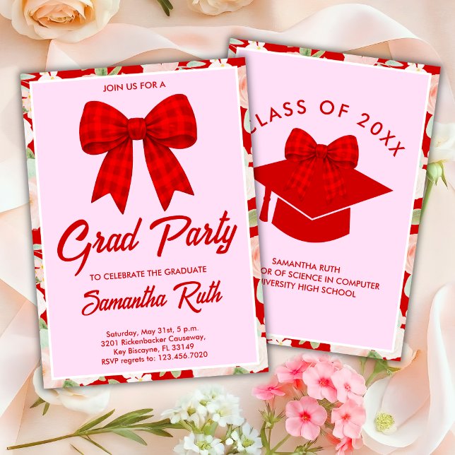 Invitación Flores Silvestres Lazo de Gingham Rojo Fiesta de G (Subido por el creador)