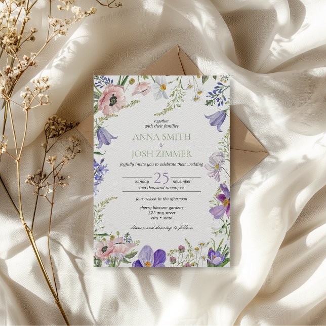 Invitación Flores silvestres Lilac Lavender Elegante Boda (classy wildflowers elegant chic rustic wedding invitation with floral details)