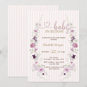 Invitación Flores Silvestres Lilas Mariposas Rayas Rosadas 