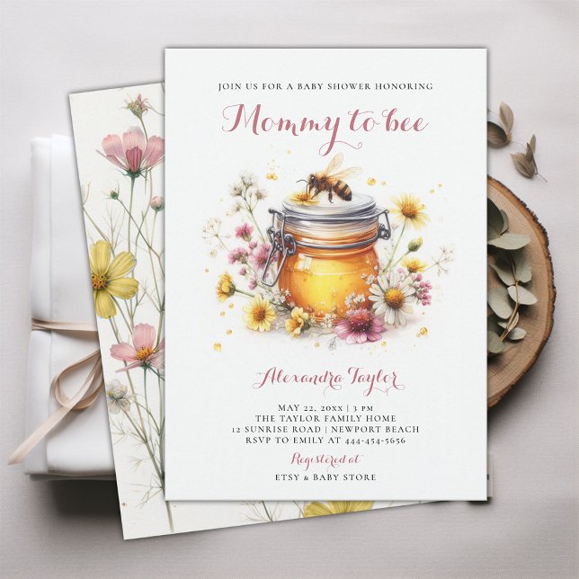 Invitación Flores silvestres mamá para besar a la niña bebé d (mommy to bee baby girl shower invitation watercolor illustration cute adorable whimsical wildflowers)