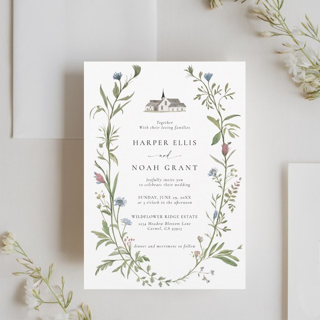 Invitación Flores silvestres Manor Elegante Simple Boda Moder (wildflowers wedding invitation manor floral frame modern garden outdoors indoors backyard barn chic)