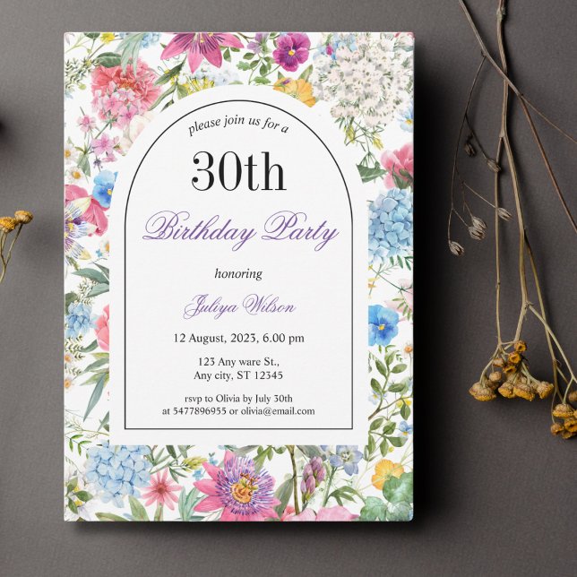 Invitación Flores silvestres marco de arco 30 cumpleaños (Subido por el creador)