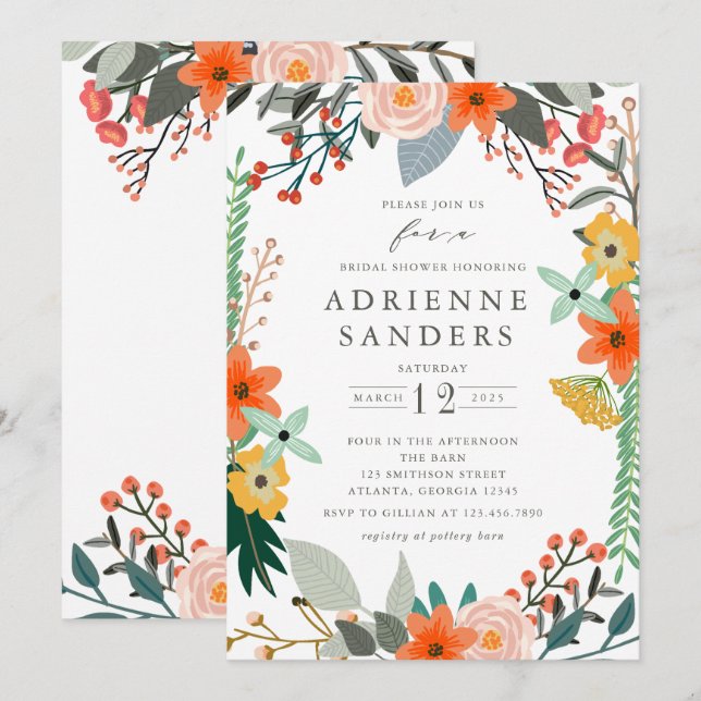 Invitación Flores silvestres marco floral ducha de novia (Anverso / Reverso)