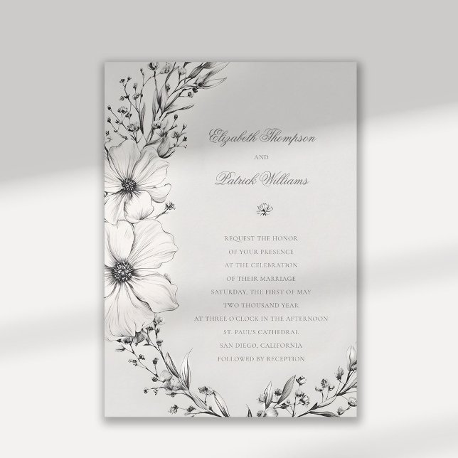 Invitación Flores silvestres Marfil Negro Formal matrimonio e (wildflowers wedding invitation black and white formal elegant traditional calligraphy floral wreath)