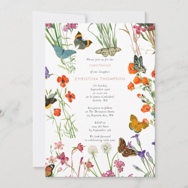 Invitación Flores silvestres mariposas bautizando bautismo (Anverso)