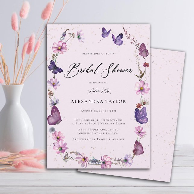 Invitación Flores silvestres mariposas Boho Frame Shower (boho wildflowers frame butterflies garden pink purple bridal shower invitation elegant rustic)