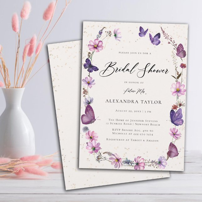 Invitación Flores silvestres mariposas Boho Ivory Bridal Show (wildflowers boho frame butterflies pink purple bridal shower invitation elegant rustic modern ivory)
