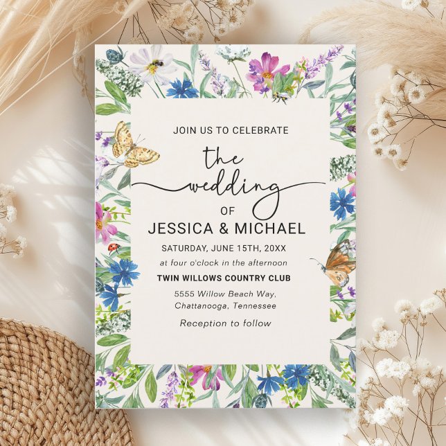 Invitación Flores silvestres mariposas marco manuscrito (Wildflowers and butterflies wedding invitation)