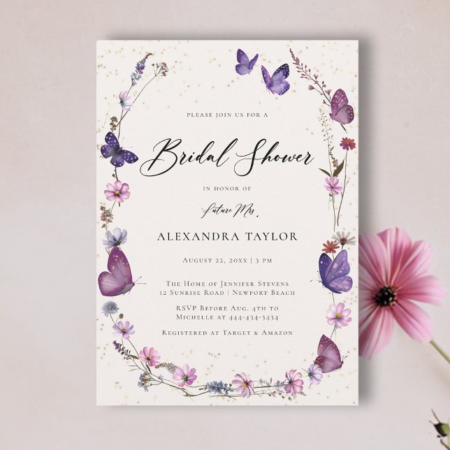 Invitación Flores silvestres mariposas Moda floral ducha de n (butterfly wild flowers frame bridal shower invitation boho chic elegant watercolor pink purple gold)