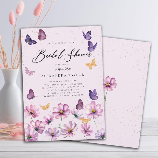 Invitación Flores silvestres mariposas Pink Garden Ducha de n (wildflowers butterflies pink purple garden bridal shower invitation elegant boho modern rustic gold)