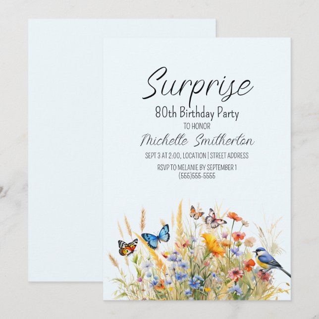 Invitación Flores Silvestres Mariposas Sorpresa 80 Cumpleaños (Anverso / Reverso)