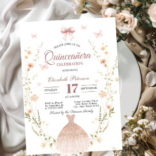 Invitación Flores silvestres Mariposas Vestido Lazo Quinceañe