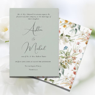 Invitación Flores Silvestres Minimalistas Verde Salvia Boda M