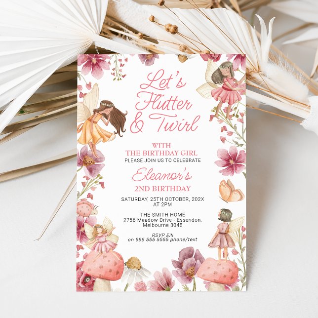 Invitación Flores silvestres modernas Flutter Twirl Fairy Bir (Wildflowers and Fairies Birthday Invitation, Lets Flutter and Twirl Fairy Invitation, Any Age Fairy )