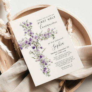 Invitación Flores Silvestres Moradas Cruz Floral Primera Comu
