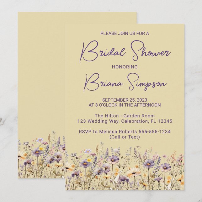 Invitación Flores silvestres moradas Floral Amarillo Ducha Nu (Anverso / Reverso)