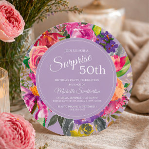 Invitación Flores Silvestres Moradas Rosadas Cumpleaños 50